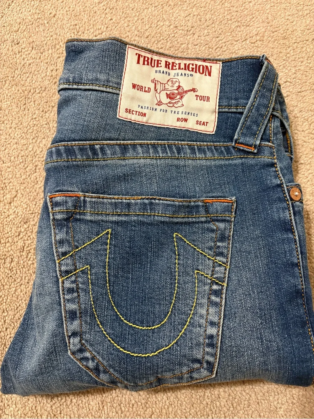 True Religion Blue Straight-Leg Jeans with Yellow Stitching